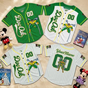 May include: Four baseball jerseys with the text "Doc Ock" and the number "00". The jerseys are green and white with a cartoon graphic of a character. Two Disney movies and two stuffed toys are also in the image.