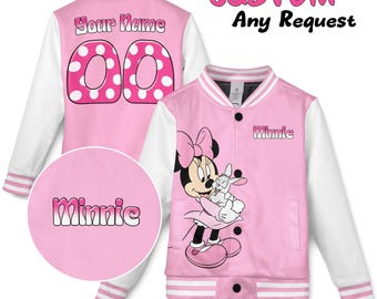 Custom Disney Minnie Varsity Jacket, Kid Youth Adult Sports Jacket, Number Varsity, Personalised Unisex Varsity, Kids Baseball Jacket