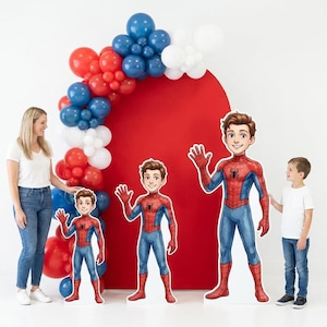 May include: A party scene with a red backdrop and balloon arch in red, white, and blue. Three Spider-Man cutouts of varying sizes stand in front. A woman and a boy are also present.
