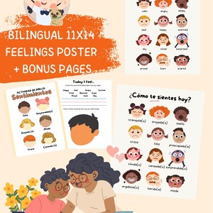 May include: A bilingual feelings poster with bonus pages, featuring illustrations of various emotions. The poster includes the text "BILINGUAL 11X14 FEELINGS POSTER + BONUS PAGES". The image also shows children working on the feelings poster.