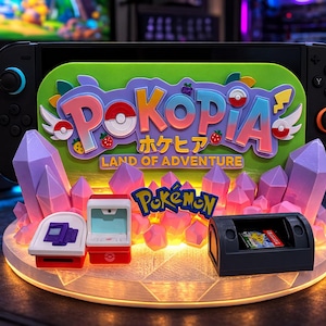 Op de afbeelding: Een op maat gemaakt Nintendo Switch-dock met het "Pokopia Land of Adventure" logo in groen, roze en blauw. Het dock heeft een kristalachtig display en miniatuur game cartridge houders, met het Pokémon-logo.