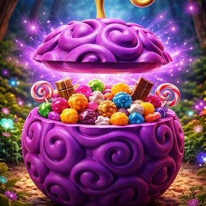May include: A vibrant purple container with a swirling design, filled with colorful candies and chocolates. The container has a lid with a golden handle. The image is set in a forest with magical light effects.