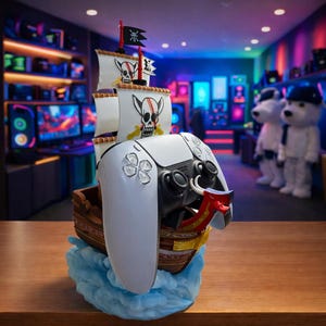 May include: A white and black PlayStation 5 controller is mounted on a pirate ship-themed stand. The ship has white sails with skull and crossbones designs, a brown hull, and sits atop blue waves. The background shows a gaming store.