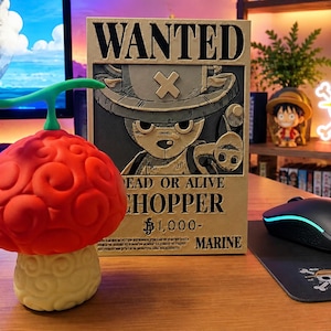 May include: A red and cream-colored Devil Fruit with a green stem, next to a "Wanted" poster featuring a cartoon character. A mouse and mousepad with a skull and crossbones design are also visible.