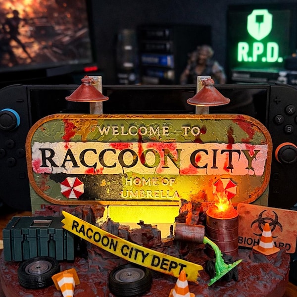 Nintendo Switch 2 Resident Evil Requiem Dock-Welcome To Raccoon City Sign-Gaming Decoration Diorama-3D Printed-Handpaint