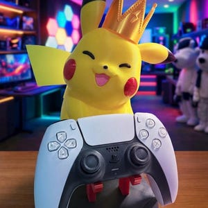 May include: A yellow Pikachu figure wearing a gold crown sits above a white and black video game controller. The controller has red accents and is resting on a black base. The background is a colorful gaming room.