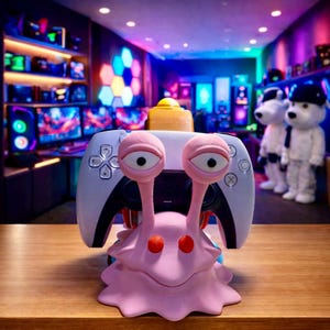 May include: A pink, cartoonish snail-shaped controller holder with large, googly eyes and a white and black game controller. The holder sits on a wooden surface, with a gaming room in the background.