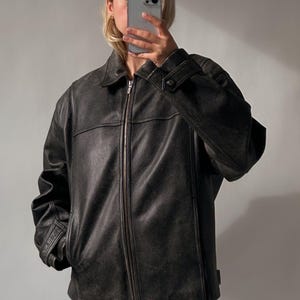 Oversized Black Leather Bomber Jacket: Women&#39;s Straight Cut Sheep Leather