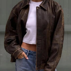 1980s Oversized Distressed Brown Leather Jacket: Vintage Boxy Fit