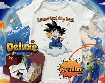 Premium, Deluxe or Standard Anime Baby Shower Gift Basket/Set | Funny Baby Onesie "Cuteness Level Over 9000"