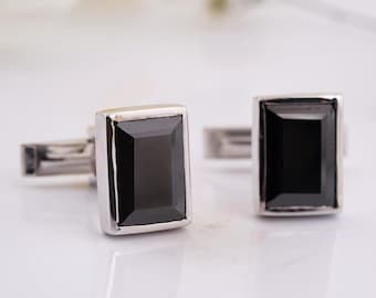 Rechthoekige manchetknopen van zwarte onyx | Sterlingzilveren formele accessoires voor heren | Klassiek cadeau voor hem