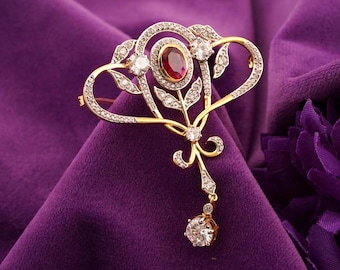 Broche de rubí y diamante / Broche antiguo de plata 925 bañado en oro de 14 quilates / Broche vintage para sari de novia / Elegante regalo de boda para ella