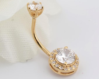 Piercing para ombligo de oro de 14 quilates hecho a mano para mujer con halo de moissanita y diamantes