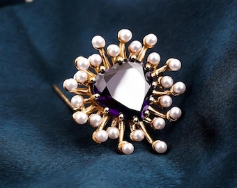 Brosch med hjärtformade ametister | Nål med 14 karat guldplätering i 925 silver | Nål med vintage-sari för brudtärna | Romantisk bröllopspresent till henne