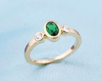 Classic Emerald Three-Stone Ring | 14K Gold Plated 925 Sterling Silver | Timeless Bridal & Statement Jewelry