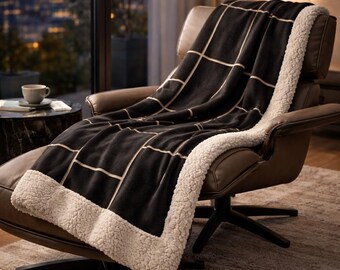 Black Art Deco Sherpa Blanket, Luxury Modern Throw, Matte Black Grid with Champagne Lines, Cozy Fleece Lined Blanket, Minimalist Home Decor