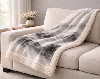 Sumi-E Mountain Sherpa Blanket, Minimalist Japanese Ink Wash Throw, Neutral Cozy Fleece Lined Blanket, Modern Zen Home Decor Gift
