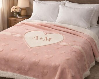 Personalized Valentine Sherpa Blanket, Initials + Heart Throw, Couples Gift, Anniversary Gift, Romantic Pink Plush Fleece Blanket, Cust