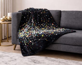 Abstract Paint Splatter Throw Blanket, Black Modern Art Cozy Blanket, Colorful Splash Decor, Soft Plush Couch Throw, Gift for Artists