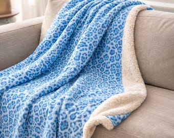 Blue Leopard Print Sherpa Blanket, Cozy Plush Throw, Soft Fleece Blanket, Cute Winter Throw for Couch Bed, Blue Cheetah Print Blanket, Gift