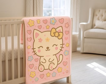 Cute Kawaii Cat Velveteen Blanket – Soft Pastel Kitty Throw – Cozy Gift for Cat Lovers, Girls Room Decor, Kids & Teens
