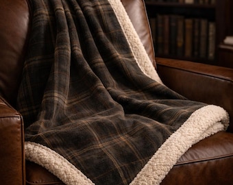 Dark Tartan Sherpa Blanket, Espresso & Charcoal Plaid Throw, Cozy Cabin Decor, Warm Fleece Lined Blanket, Luxury Winter Gift for Him