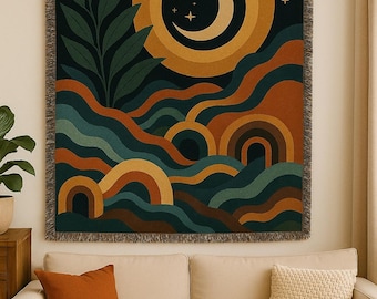 Celestial Moon Woven Blanket – Premium Boho Throw, Night Sky Wall Tapestry, Earth Tone Art Blanket