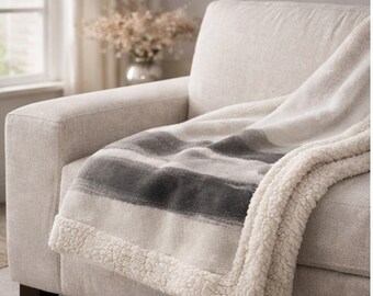 Minimalist Brushstroke Sherpa Blanket, Modern Neutral Throw, Abstract Black Gray Cozy Fleece Lined Blanket, Luxury Home Decor Gift