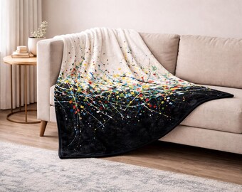 Aesthetic Paint Splatter Throw Blanket, Abstract Art Cozy Blanket, Cream to Black Gradient, Modern Home Decor, Soft Plush Couch Throw Gift