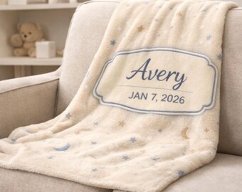 Personalized Baby Name Blanket, Moon & Stars Baby Blanket, Custom Nursery Blanket, Newborn Gift, Baby Shower Gift, Keepsake Blanket