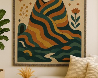 Boho Goddess Woven Blanket – Folk Art Throw, Spiritual Home Decor, Earth Tone Woven Tapestry