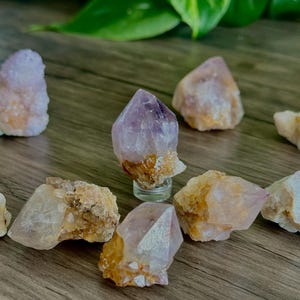 May include: A collection of amethyst crystal points with a mix of purple, white, and orange hues. The crystals are displayed on a wooden surface, with green foliage in the background. The crystals vary in size and shape, showcasing natural formations.