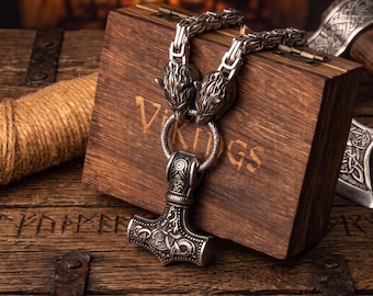 Herenketting met Vikingwolfskop en Thors hamer, roestvrijstalen Mjolnir-hanger, Noors heidens amulet, Scandinavisch sieraad, cadeau voor hem