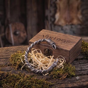 Può includere: Un bracciale torque in metallo color argento caratterizzato da un design a fascia intrecciata che termina su entrambe le estremità con dettagliati motivi a testa di corvo. Il bracciale è posizionato davanti a una scatola rettangolare in legno.