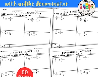 Dividing Fractions with Unlike Denominators Practice Worksheets - Printable PDF File Math Drills