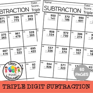May include: Two worksheets for triple-digit subtraction problems. Each worksheet has multiple math problems with space for answers. The worksheets are labeled "Triple Digit Subtraction" and include the text "60 Pages".