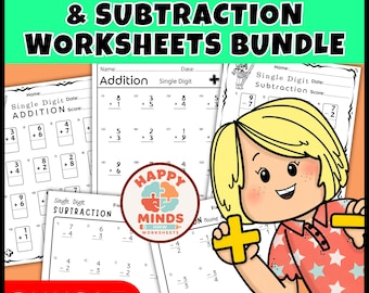 Single Digit Addition and Subtraction Worksheets Bundle - Printable Math Practice Drills - Answers Key Included
