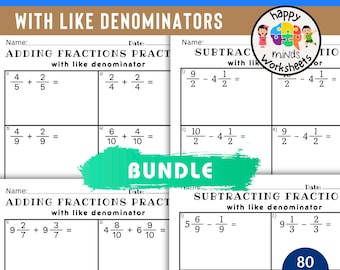 Add and Subtract Fractions with Like Denominator Practice Worksheets - Printable PDF File