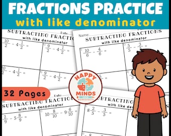 Subtracting Fractions With Like Denominators Practice Worksheets - Printable PDF File Math Drills