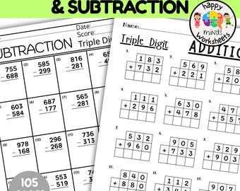 Triple Digit Adition and Subtraction Practice Worksheets Bundle - Printable PDF File Math Drills Answers Key Included