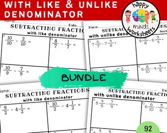 Subtract Fractions with Like and Unlike Denominators Practice Worksheets - Printable PDF File Math Drills