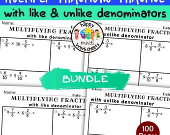 Multiply Fractions with Like and Unlike Denominators Practice Worksheets - Printable PDF File Math Drills