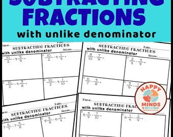 Subtracting Fractions With Unlike Denominators Practice Worksheets - Printable PDF File Math Drills