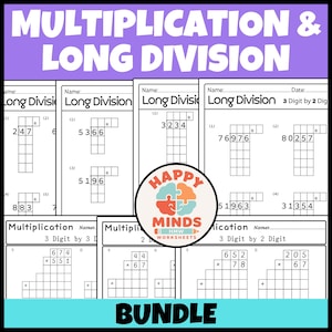 Puede incluir: Una colección de hojas de trabajo educativas con problemas de multiplicación y división larga. Las páginas incluyen cuadrículas para resolver ecuaciones matemáticas, con un logotipo circular central que muestra el texto Happy Minds HMW Worksheets.