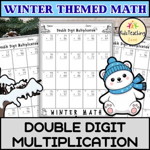 Può includere: Un foglio di lavoro intitolato "Winter Themed Math" con problemi di moltiplicazione a due cifre. Un orso polare dei cartoni animati con cappello e sciarpa blu è sulla destra. Il testo "Double Digit Multiplication" è in basso.