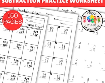 Single Double and Triple Digit Subtraction Practice Worksheets - Printable PDF File Math Drills Answers Key Included