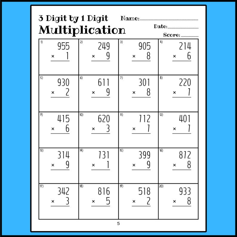 Multiply 3 Digit by 1 Digit Practice Worksheets Multiplication