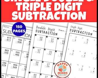 Single Double and Triple Digit Subtraction Practice Worksheets - Printable PDF File Math Drills Answers Key Included