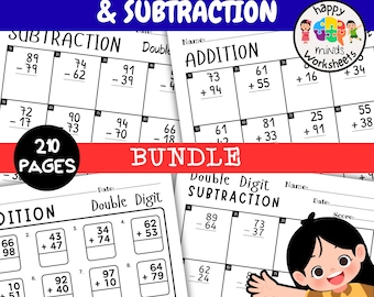 Double Digit Addition and Subtraction Practice Math Worksheets bundle With and Without Regrouping - Printable PDF Math Drills