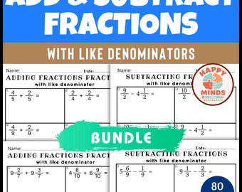 Add and Subtract Fractions with Like Denominator Practice Worksheets - Printable PDF File
